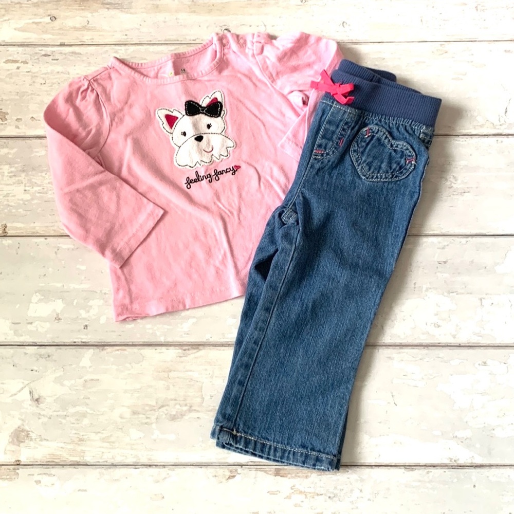 Baby Girl 18m Outfit Set Pink Long Sleeve Shirt Straight Flare Leg Denim Pants
